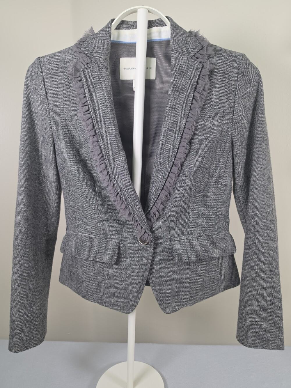 Banana Republic Women's Blazer 00P Petite Gray Herringbone Wool Ruffle Trim